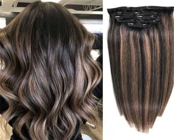

100 real remy human hair clip in hair extensions balayage highlight skin weft straight clips ins extension120g4424612, Black;brown