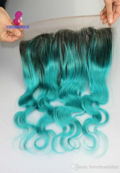 

ombre teal pre plucked 13x4 lace frontal closure brazilian human hair body wave remy1671098, Black;brown