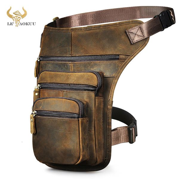 

waist bags thick crazy horse leather men design 8" tablet messenger bag vintage travel fanny waist belt pack drop leg thigh bag male 31
