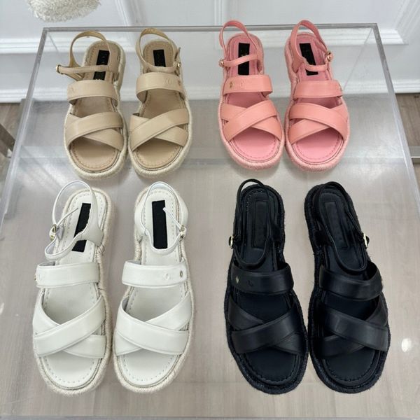 

real lambskin logo sandal for women ladies 2023 paseo dad mule crisscross strap slingbacks platform straw soles beach slides slip espadrille, Black