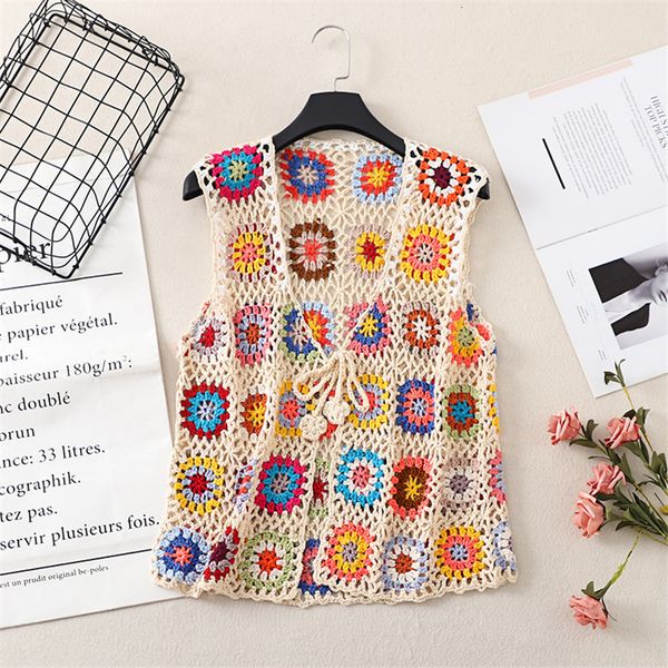 

women's vests designer handmade crochet vest womens retro sleeveless jacket cardigan boho beach embroidery waistcoat coat 230511, Black;white