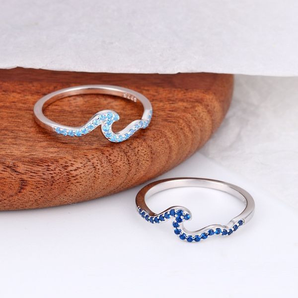 

925 sterling silver wave ring for women blue cubic zirconia simulated diamond wedding rings gifts for woman and girls