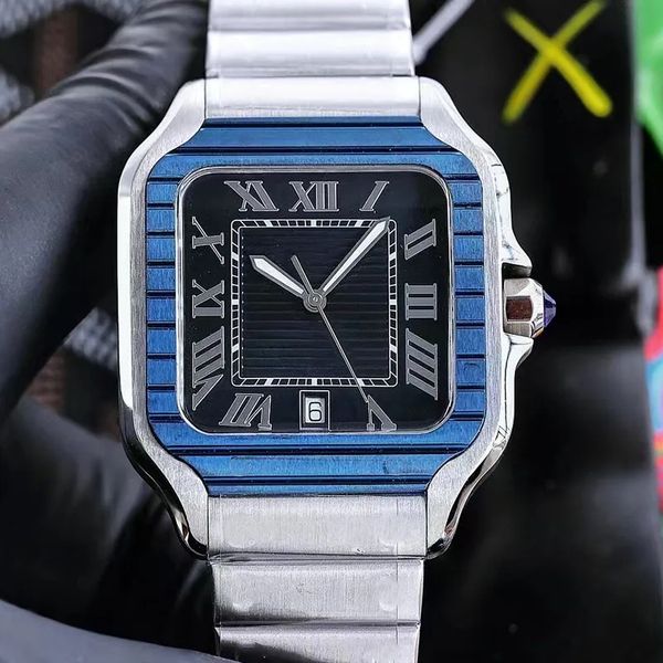 

men's square watch size 39mm 35mm leather stainless steel bracelet sapphire glass, Slivery;golden