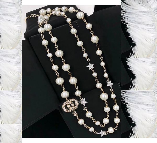 

2022 fashion sweater necklace luxury long pendant necklaces classic style strands strings elegant pearl chain letter double layer 5332257, Silver