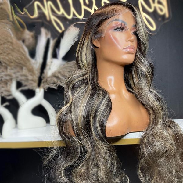 

long brazilian highlight blonde 13x4 lace frontal wigs body wave lace front wig black /red /white synthetic lace closure wigs for women, Black;brown