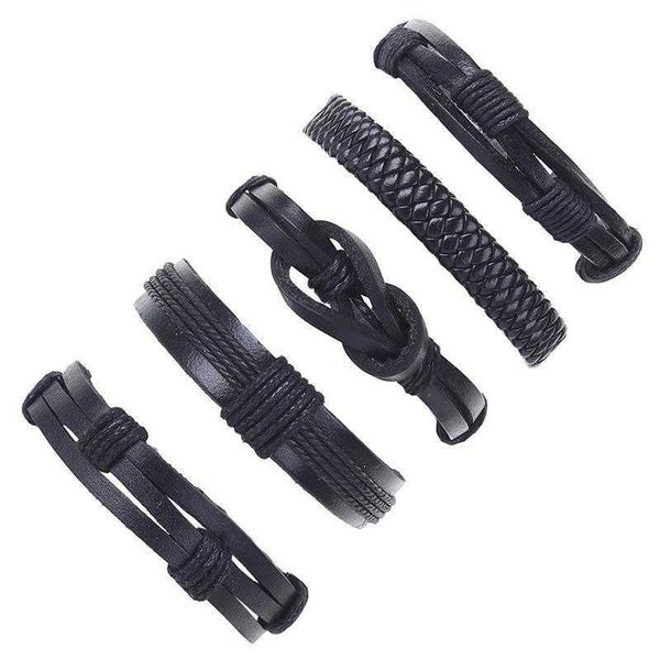 

trendy unique mens bracelet five piece black real cowhide woven, Golden;silver