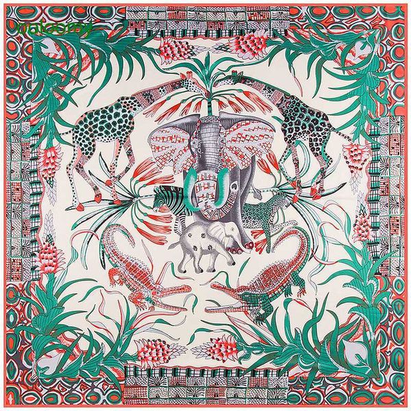 

hemres designer scarves 130cm elephant giraffe women's twill square silk shawl sun protection scarf, Blue;gray