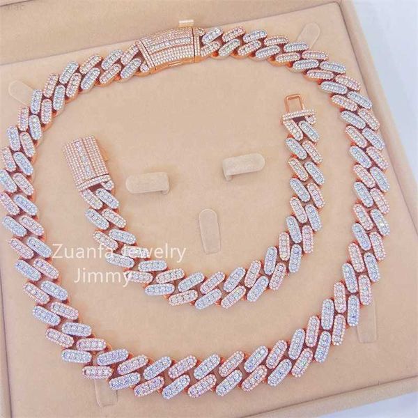 

15mm two tone white gold rose gold color big iced out moissanite miami hip hop jewelry cuban link chain, Silver