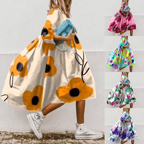 

casual dresses women floral print a-line summer fashion o neck loose office party half sleeved boho beach vestidos 230511, Black;gray