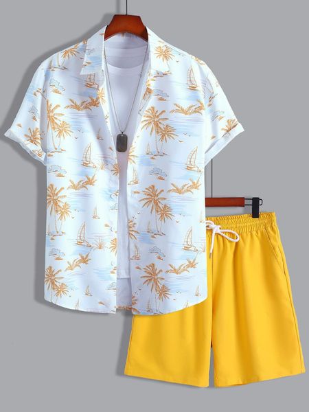 

men s tracksuits men random tropical print shirt drawstring waist shorts without tee 230511, Gray