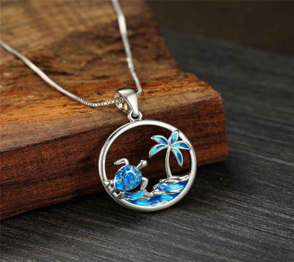 

bohemian blue opal pendant for women fashion silver color chain necklace for women beach hollow turtle pendant wedding necklace8232768