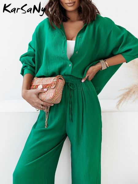 

women's two piece pants karsany long sleeve loose shirts pants set woman two piece sets for women high waist wide leg trousers suits sp, White