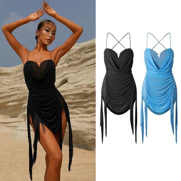 

skirt latin dance dress women performance costume strap backless fringe dress cha rumba dress practice clothes dnv17603 230511, Black;white