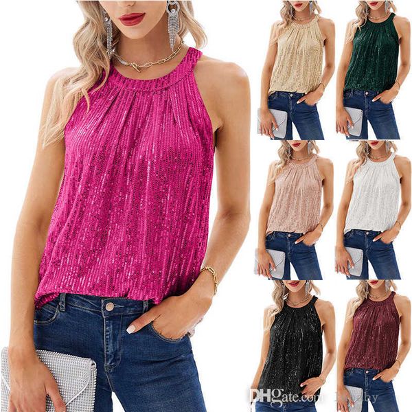

womens sequin strap party tank shirt 2023 summer new solid color sleeveless elegant vest for ladies, White