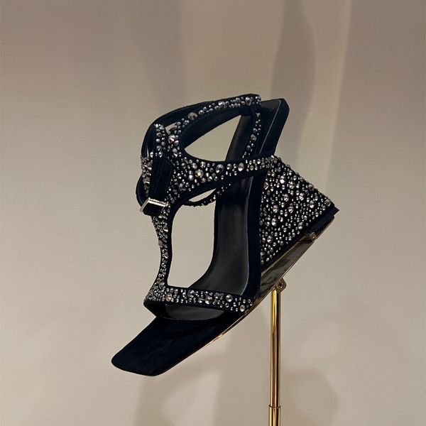 

summer lady women sandals gold crystal genuine leather ankle strap strappy wedge high heels sandalias de las mujeres zapatos mujer sandals s, Black