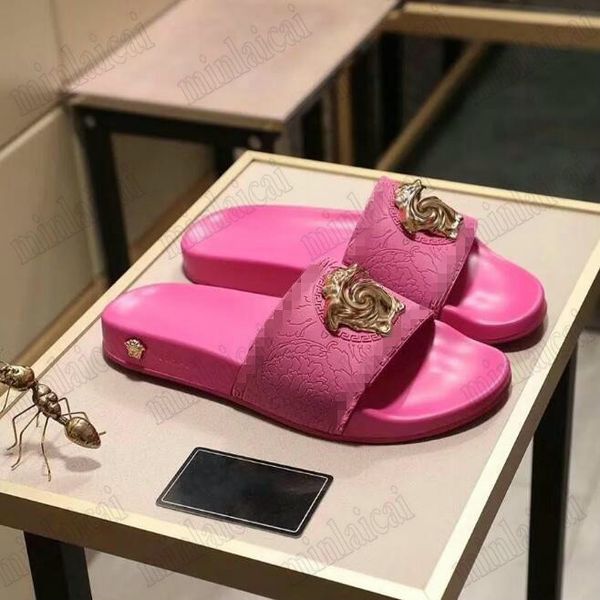 

designer mens rubber pool slide coral pink womens medusa-head plaque slip on slides summer open toe slipper luxury la medusa sandal slide be, Black