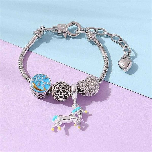 

creative colorful unicorn childrens bracelet diy all match drop oil floral ball panjia pendant small jewelry, Golden;silver