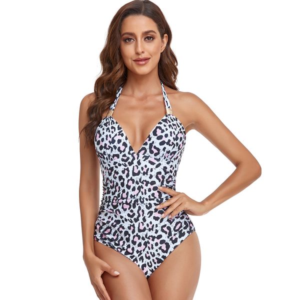 

leopard printted one-piece swimsuit for women europe and american style deep v-neck halter body slimming pleated girls summer swimwear bodys, White;black