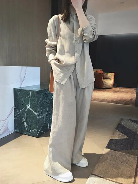 

women's two piece pants linen long sleeve shirt pants suit 100% cotton women's set wide leg pant tracksuit two piece set loose tro, White