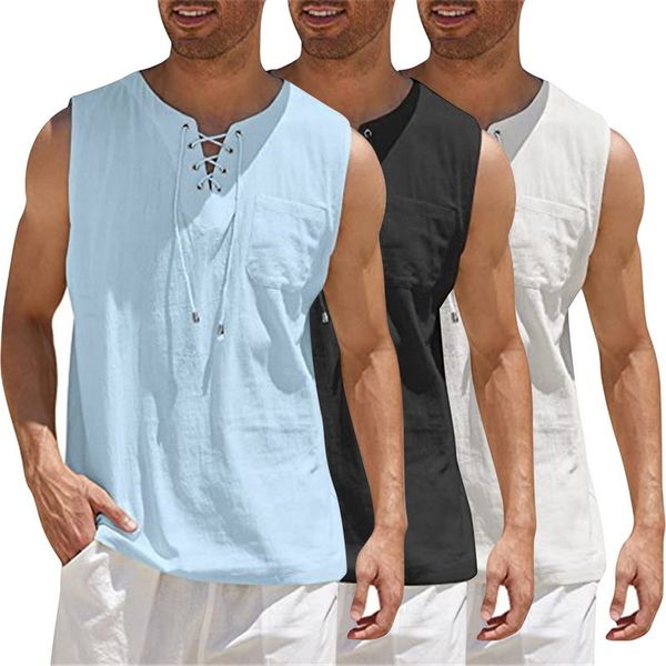 

men' tank fashion mens summe cotton linen casual sleeveless loose lace up vneck pocket tees shirts male streetwear 230510, White;black