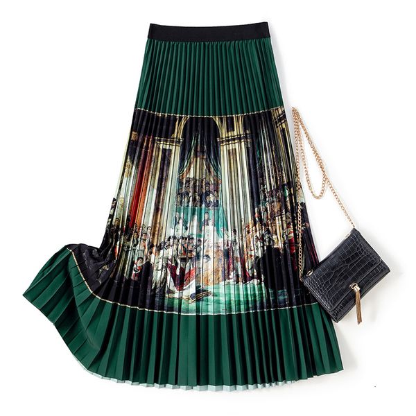 

skirts vintage printed a-line pleated long skirts paint floral striped drape spring calf skirts 230511, Black