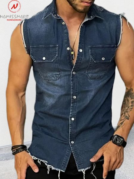 

men s casual shirts fashion men summer solid color denim single breasted design pocket decor turn down collar sleeveless slim cardigan 23051, White;black
