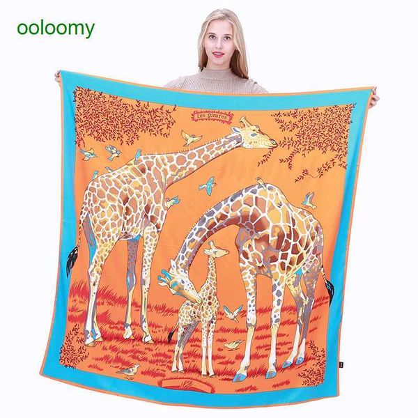 

hemres designer scarves new silk twill satin women's 130cm square giraffe print shawl scarf, Blue;gray