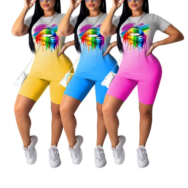 

women's two piece pants summer gradient sports suits women sets casual lips print short sleeve shorts female 2pcs/sets tracksuits worko, White