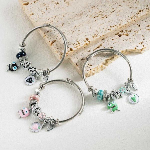 

fashion diy crystal bracelet cartoon strawberry pendant titanium steel panjia adjustable wholesale, Golden;silver