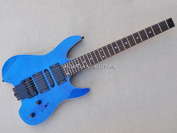 

blue headless electric guitar with flame maple veneer rosewood fretboard