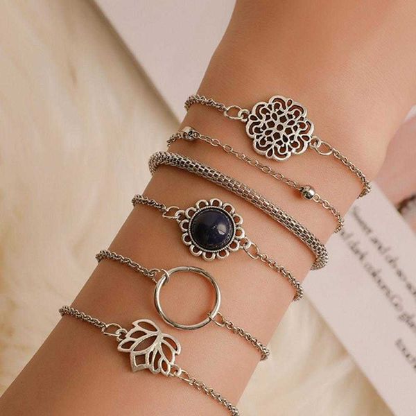 

six piece bracelet geometric hollow carved corn chain vintage ethnic style suit, Black