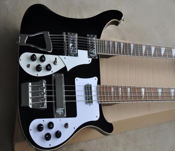 

new double neck black body electric bass guitar with white pickup