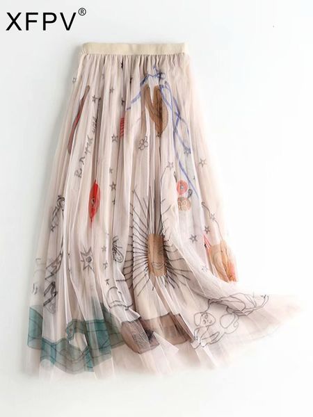 

skirts xfpv autumn summer fashion high waist slim a-line swing printed mesh pleated mid-length long skirt women sm1970 230511, Black