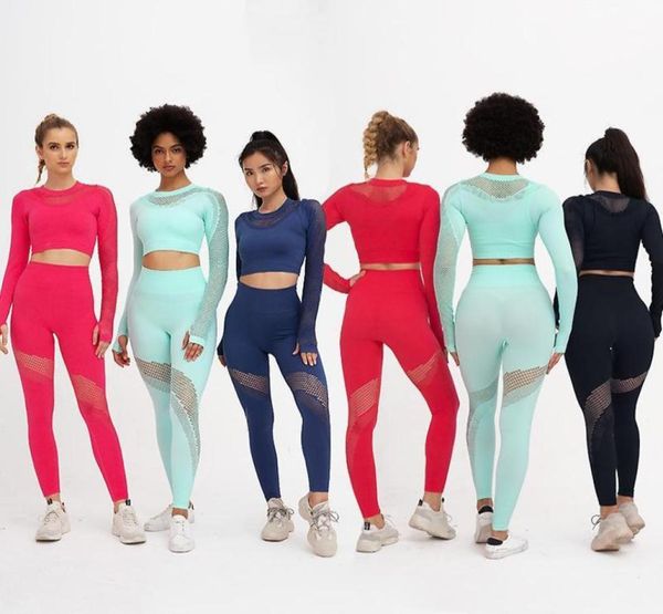 

yoga outfits 2pcs set women long sleeve crop and high waisted tummy control sport leggings gym clothing mesh seamless suit11820780, White;red