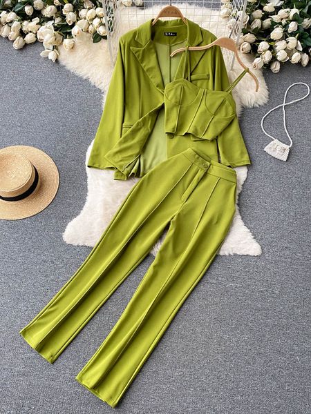 

women's two piece pants women elegant blazer three piece sets tank loose jacket and slim high waisted long pants suits woman outfits 2, White