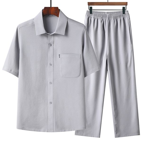 

men s tracksuits shirt trousers 2023 summer fashion men shirt man cotton and linen shirts short sleeve s casual size  5xl 230511, Gray