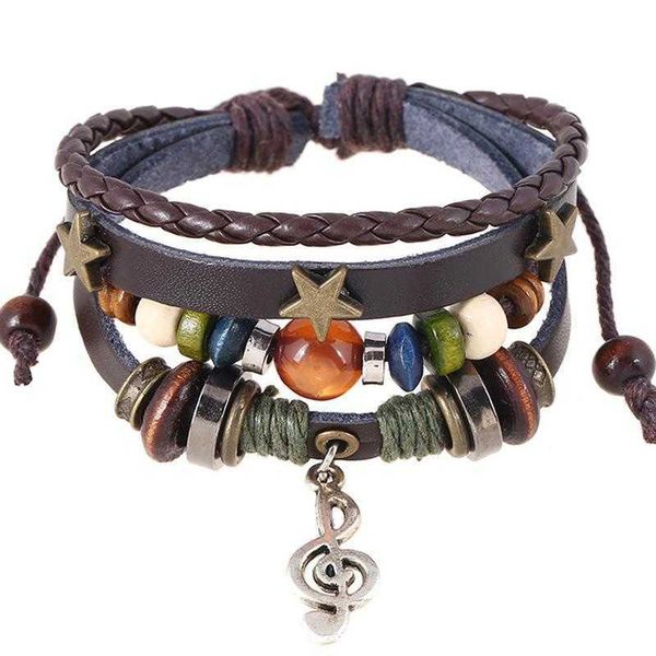 

beaded genuine leather retro bracelet strands alloy note cattle, Black