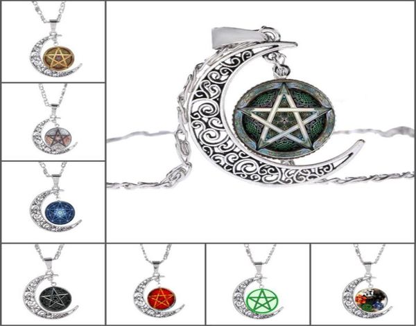 

new fivepointed star pendant necklaces hollow moon cabochons glass moonstone pentagram necklace for womenmen witchcraft jewelry1215279, Silver