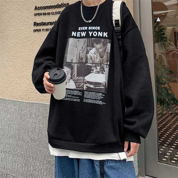 

american street style printed sweater men's trendy autumn winter plush and thick round neck long sleeved jacket, Black