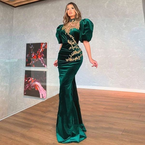 

arabic evening dress high neck appliques gold pleats short sleeves mermaid prom gown velvet party dresses, Black;red