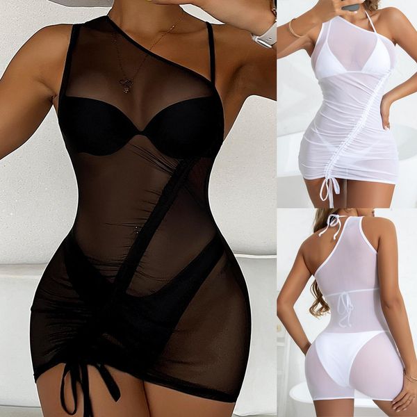 

swimwear women sheer beach cover ups drawstring one shoulder mini dress beach wrap bikini cover ups swimwear swimsuits outing wear, White;black