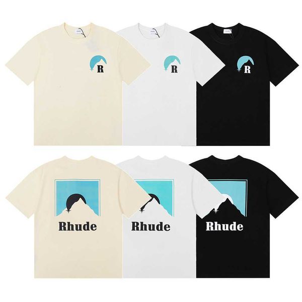 

small and trendy brand rhude classic sunset print high street loose short sleeved casual t-shirt, White;black