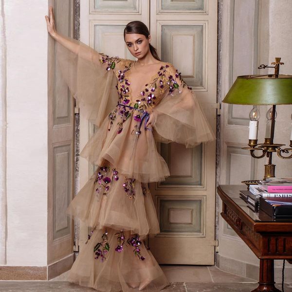 

party dresses purple crystals beaded floral deep vneck prom ruffles layered tulle floor length long evening e 230510, White;black
