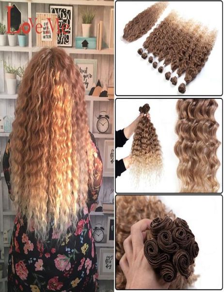 

hair pieces water wave bundles with closure 20inch synthetic extensions ombre blonde 9pcslot heat resistant cosplay fibers 2211032962544, Black;brown