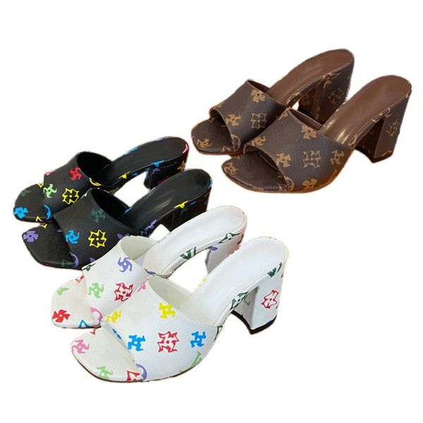 

vintage slippers luxury women's designer shoes leather sandals old flower beach shoes letter print chunky heels summer outdoor high hee, Black