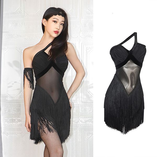 

skirt black off-shoulder latin dance dress chacha tango practice dancewear tassel samba latin competition dress vdb6521 230511, Black;white