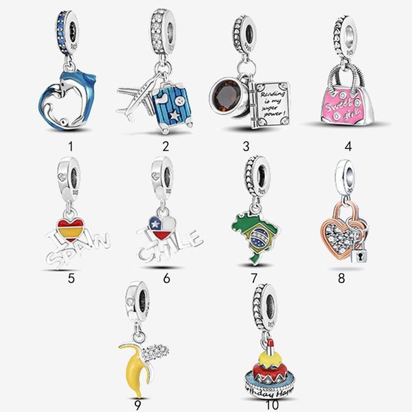 

fits pandora original bracelets 20pcs silver charms beads airplane luggage ladybag dolphin banana silver charms bead for women diy european, Black