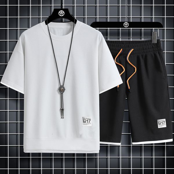 

men's tracksuits summer men's set waffle t-shirt shorts tracksuit mens streetwear short sleeve 2 pieces set casual men sports suit, Gray