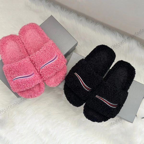 

luxury designer sandal furry slipper woman shoe shearling political campaign man embroideries plush comfort flat lady slide, Black