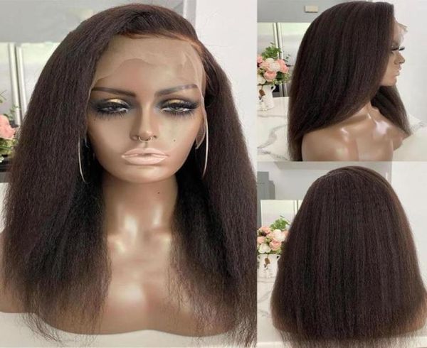 

closures 180density short bob yaki kinky straight synthetic lace front glueless for black women with babyhair preplucked daily1671259, Black;brown